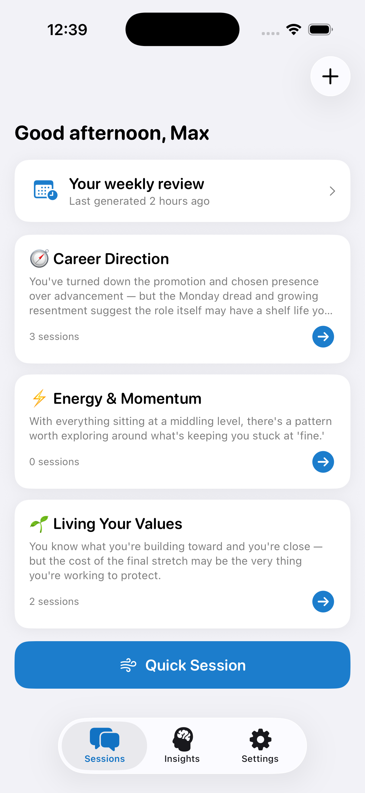 Aera home screen showing focus areas and a weekly review